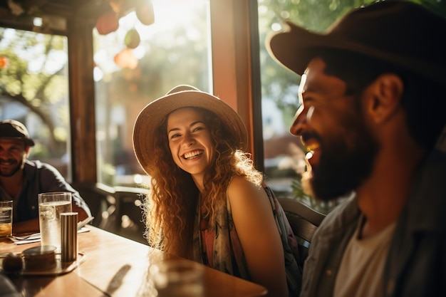 Young woman with long redhead hair and men in hats laughing in a cafe