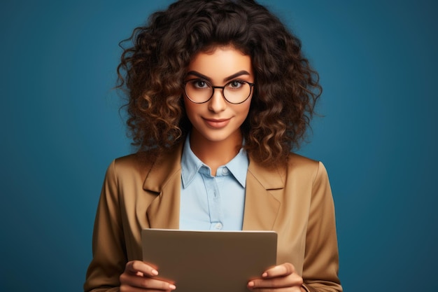 Young woman with magnifier and tablet computer on blue background