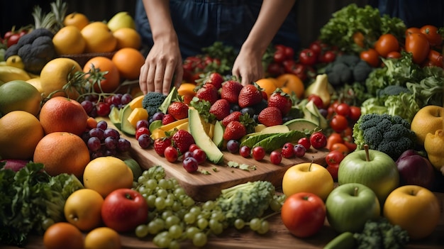 많은 과일과 채소를 가진 젊은 여성 건강한 음식 개념