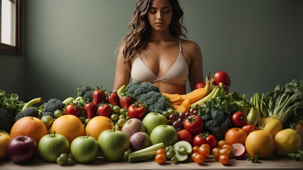 Photo young woman with many fruits and vegetables healthy food concept