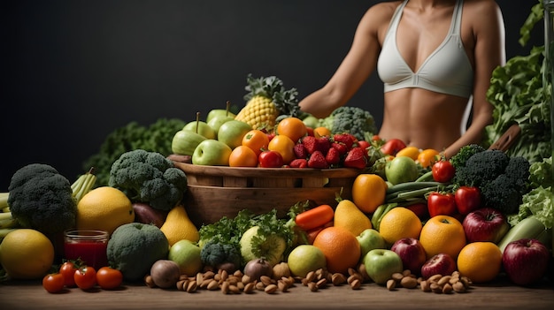 Young woman with many fruits and vegetables Healthy food concept