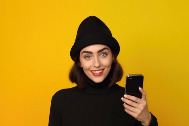 Young woman with mobile phone on copyspace smiling beautiful girl on yellow background girl with bright makeup in a black hat and black turtleneck winter sale of electronics generative ai