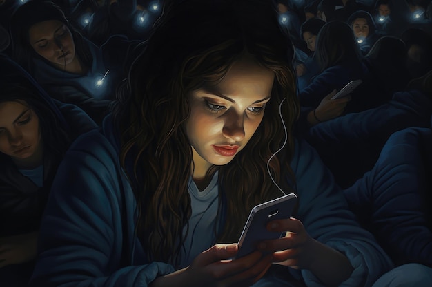 Молодая женщина с мобильным телефоном в темной комнате 3D рендеринг Битва женщины с бессонницей и зависимостью от социальных сетей разворачивается в мягком свете ее телефона