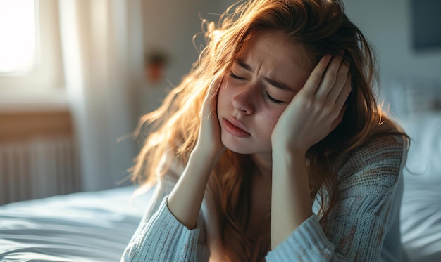 young woman with morning headache