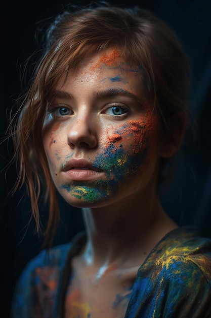 Young woman with multicolored paint on face