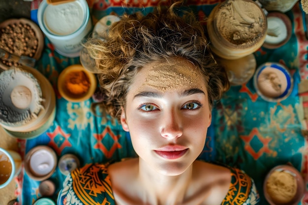 Молодая женщина с натуральными продуктами по уходу за кожей для лечения лица