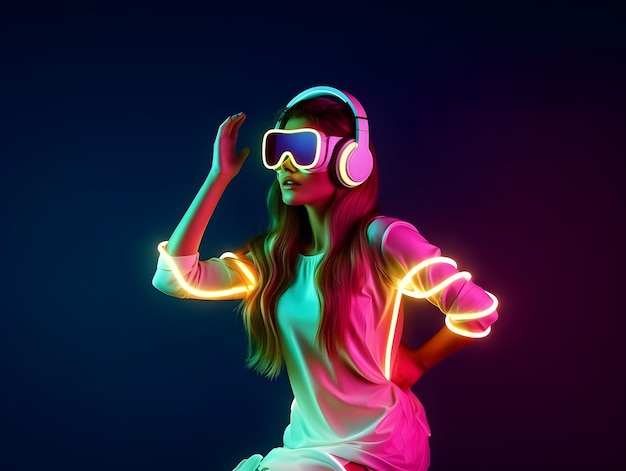 Young woman with neon lights wearing vr glasses ai generated