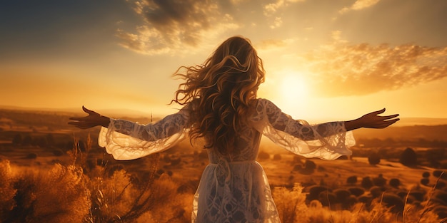 Молодая женщина с открытыми руками в поле на закате Концепция свободы