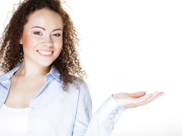 Young woman with open hand palm