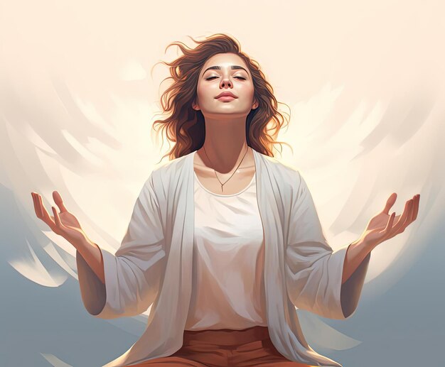 young woman with open hands that are meditative illustration 3d
