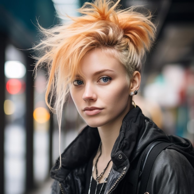 a young woman with an orange mohawk in the city