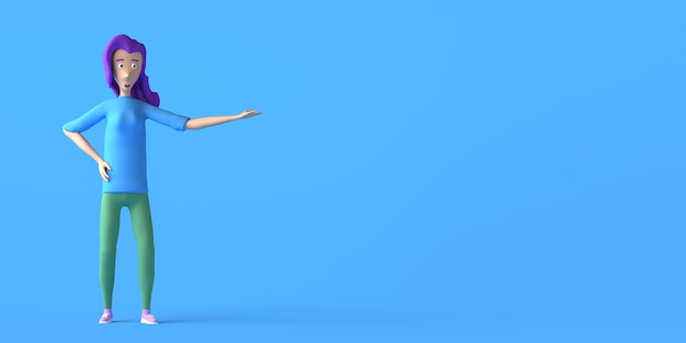 コピースペースの3Dイラストで何かを示すために伸ばした腕を持つ若い女性