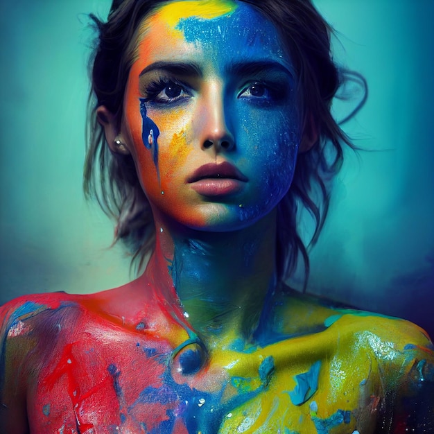 Giovane donna con vernice sul viso rendering 3d
