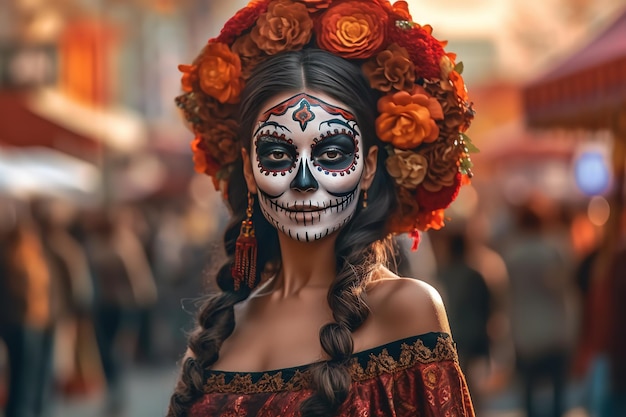 young woman with painted skull on his face outdoors Celebration of Mexico's Day of the Dead