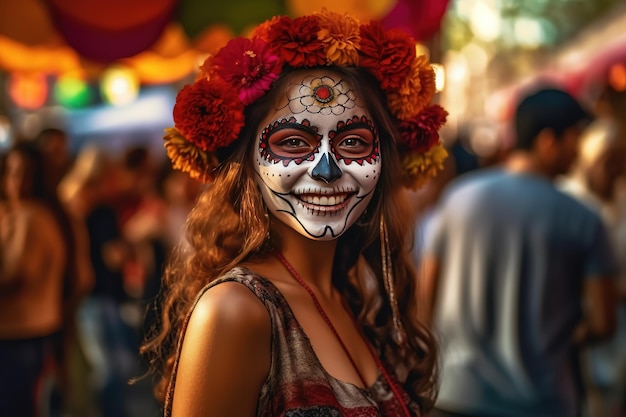 young woman with painted skull on his face outdoors Celebration of Mexico's Day of the Dead