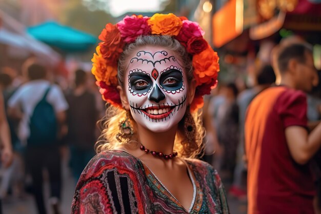 молодая женщина с нарисованным черепом на лице на открытом воздухе Празднование Дня мертвых в Мексике