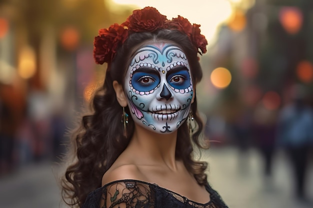 young woman with painted skull on his face outdoors Celebration of Mexico's Day of the Dead