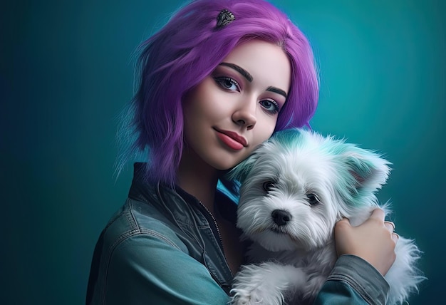 молодая женщина с пастельными волосами и белой собакой в руке в стиле фиолетового и циана
