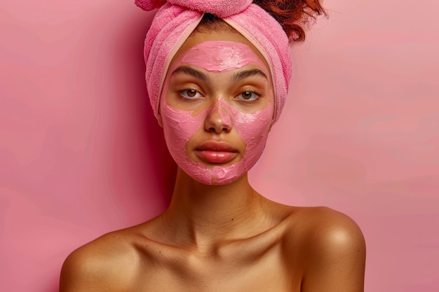 분홍색 얼굴 마스크를 입은 젊은 여성이 분홍색 배경에 포즈를 취하고 아름다움과 피부 관리 컨셉