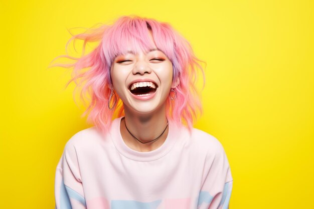 A young woman with pink hair laughing and smiling on a yellow background