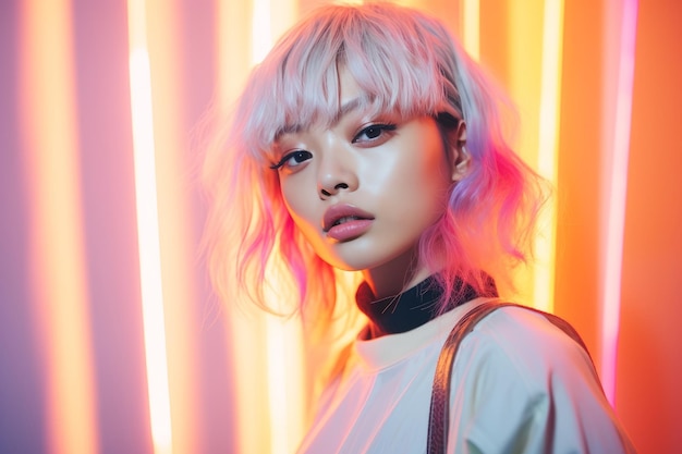 a young woman with pink hair and neon lights