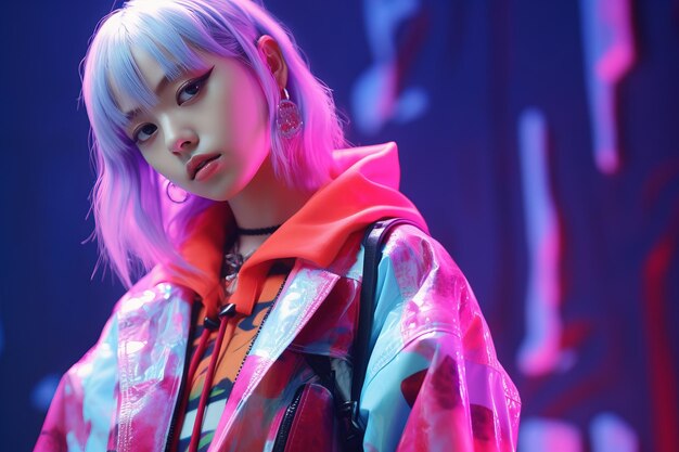 A young woman with pink hair standing in front of neon lights