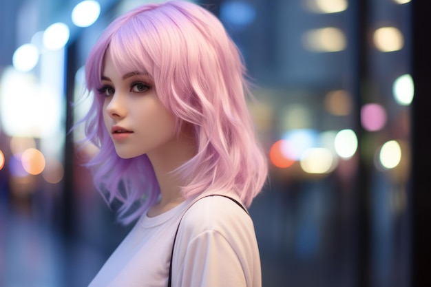 a young woman with pink hair standing in the middle of the street