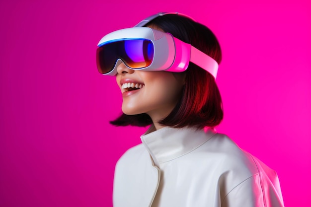 Young woman with pink hair wearing virtual reality glasses on pink background