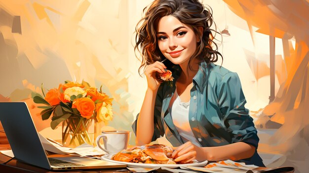 young woman with pizza in cafe