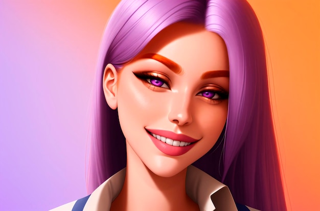 ジャケットに紫の髪の若い女性 明るいイメージの美しい女性のポートレート ジェネレーティブ AI
