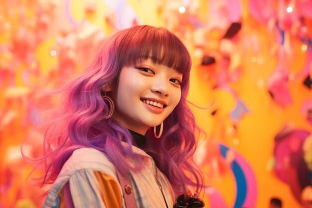 A young woman with purple hair smiling in front of a colorful wall