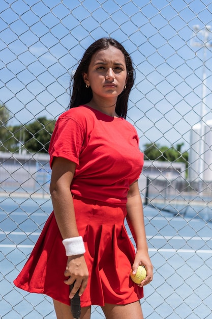 Young Woman with racket and ball standing near tennis court fence during break in training