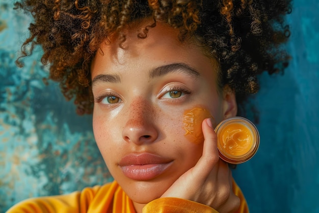 Молодая женщина с блестящей кожей наносит органический скраб для лица для естественного ухода за кожей