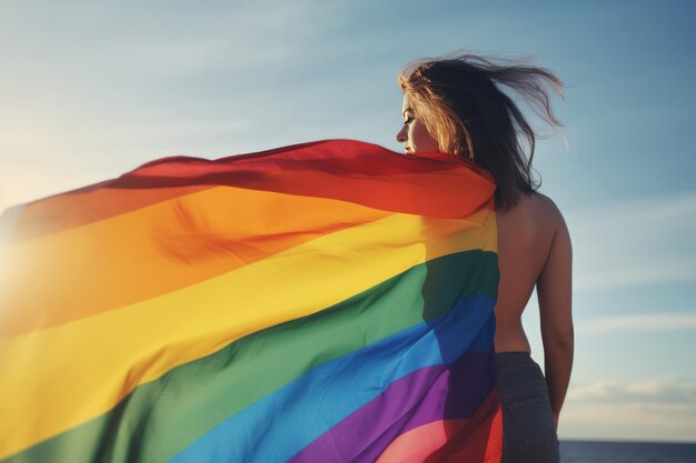 Young woman with a rainbow flag in her hand freedom concept