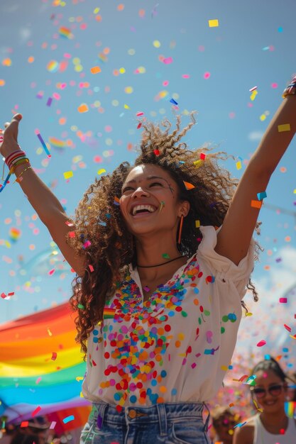 무지개 발을 들고 있는 젊은 여성이 LGBT 커뮤니티의 축제에 참여합니다.