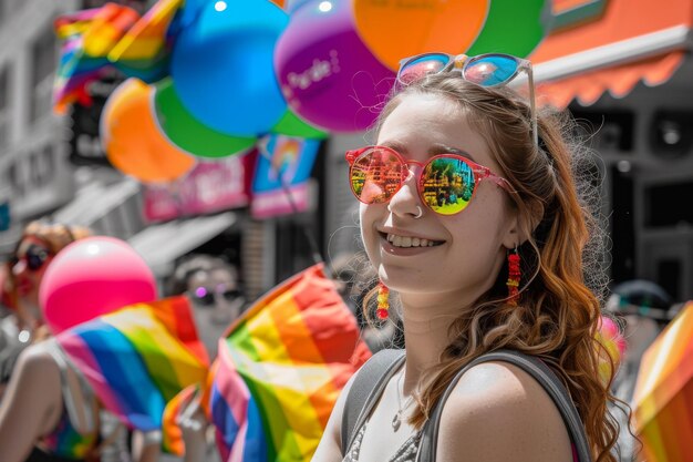 Young woman with rainbow glasses at pride event