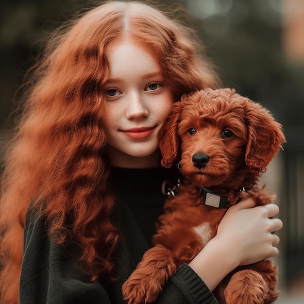 Young woman with red curly long hair holds poodle dog in her arms close up portret Owner and pet