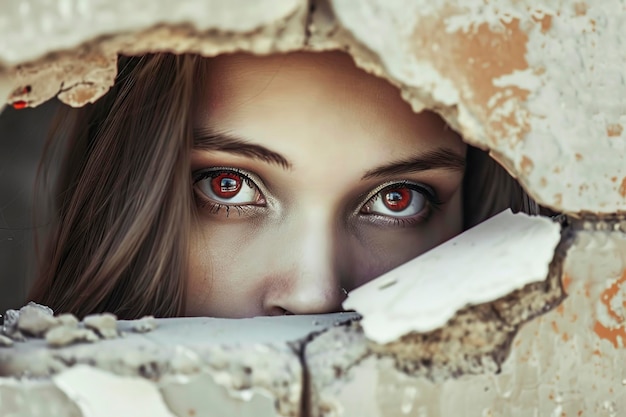 Young Woman With Red Eyes Looking Through a Hole