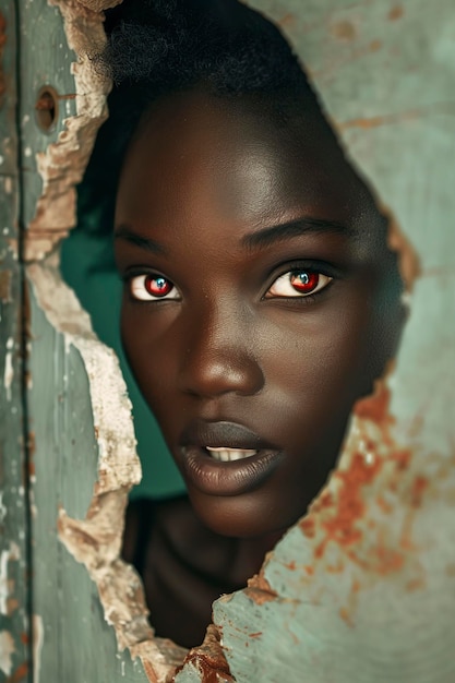 Young Woman With Red Eyes Looking Through a Hole