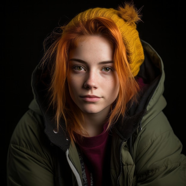 a young woman with red hair and a beanie