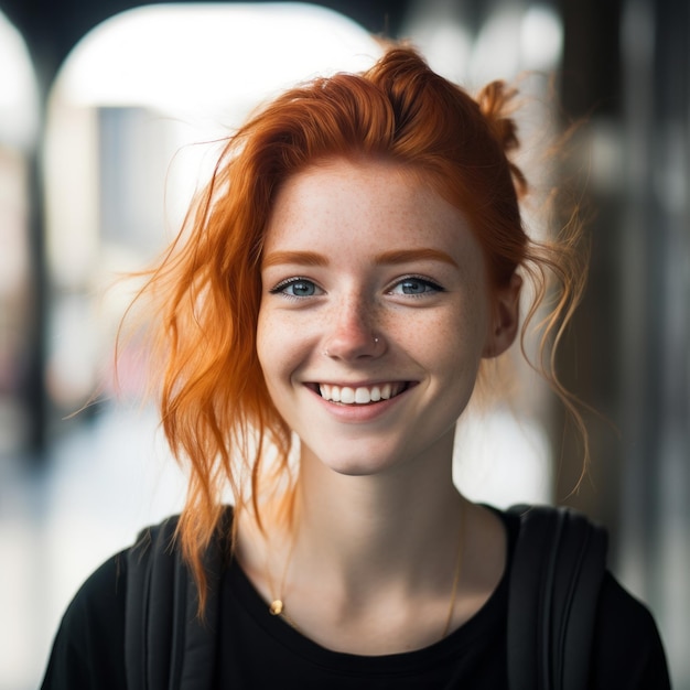 a young woman with red hair smiling in front of a store