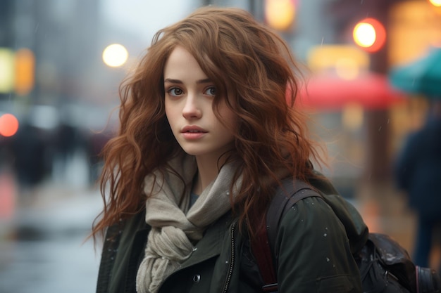 A young woman with red hair standing in the rain