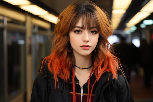 a young woman with red hair standing in a subway station