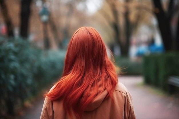 Photo young woman with red long hair on walk in the park back view