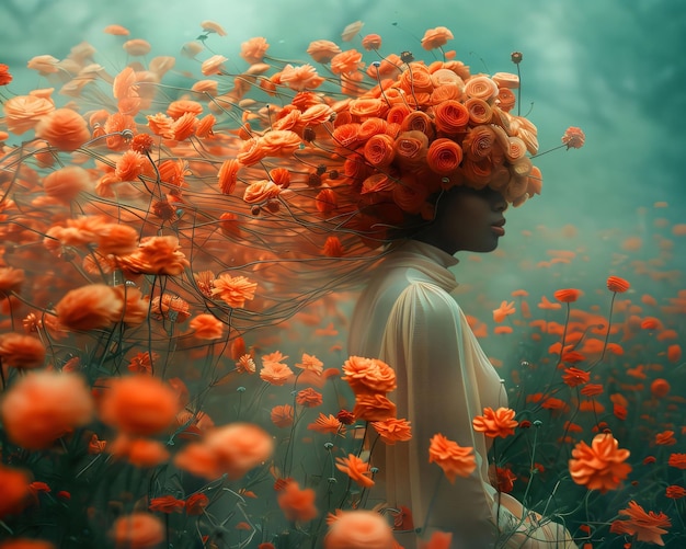 Photo young woman with red orange flowers in her hair in a clearing fractional illustration flowering flowers a symbol of spring new life