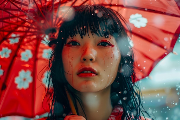 Young Woman with a Red Umbrella Enjoying Rainy Day Colorful Portrait with Water Droplets and