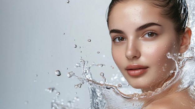 Young Woman With Refreshing Water Splash on Clear Skin Generative AI