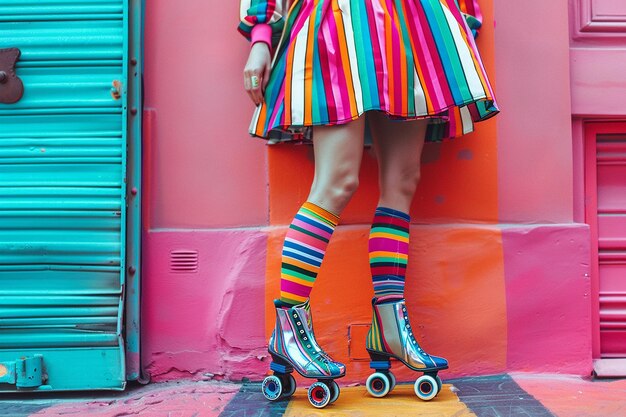 Photo young woman with retro roller skates on color background closeup