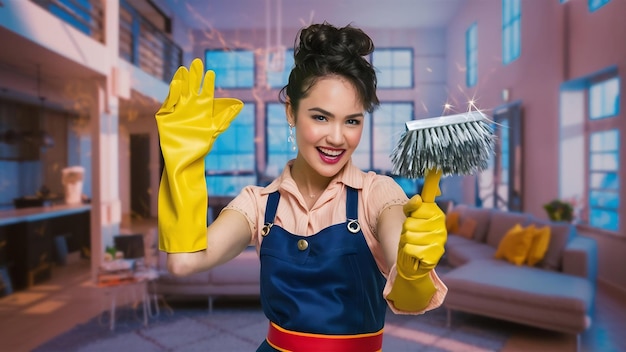 Young woman with rubber gloves ready to clean