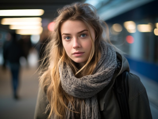 a young woman with a scarf on her head standing in front of a train